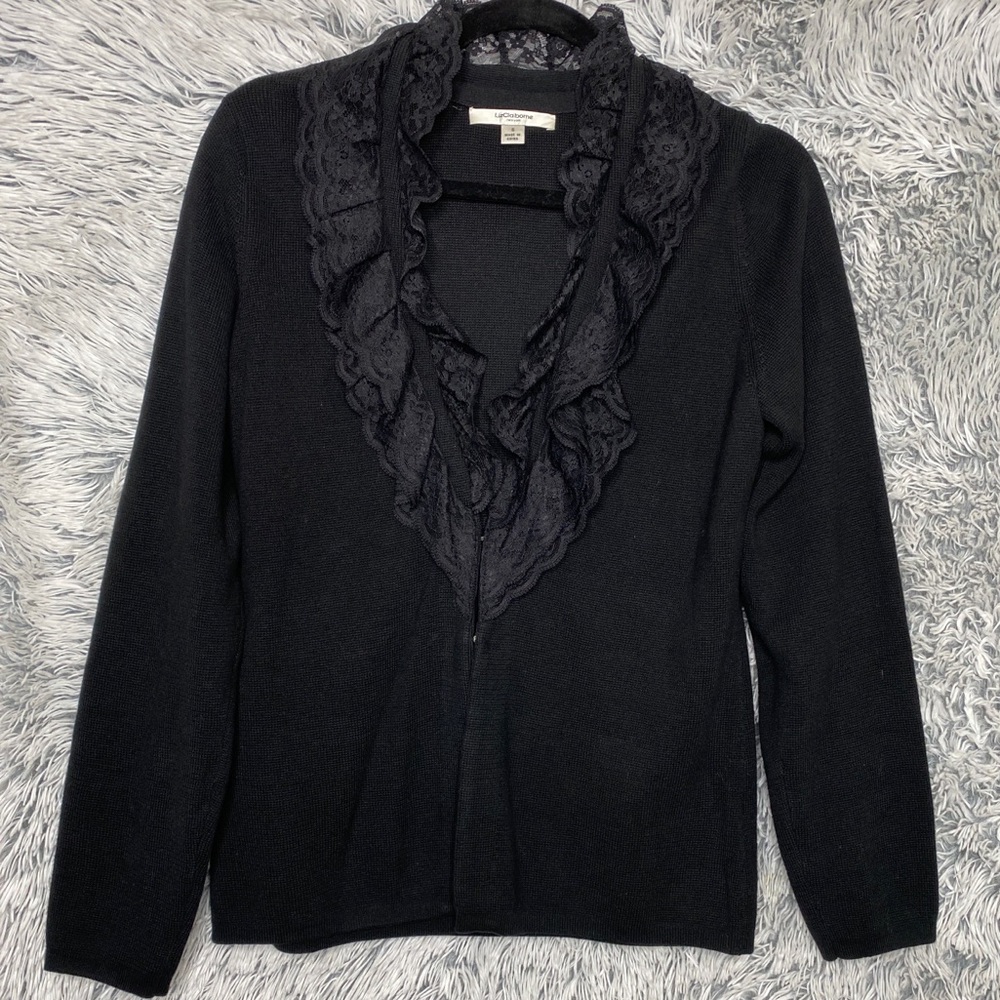 Liz Claiborne Black Knit Cardigan Lace Ruffle Neck